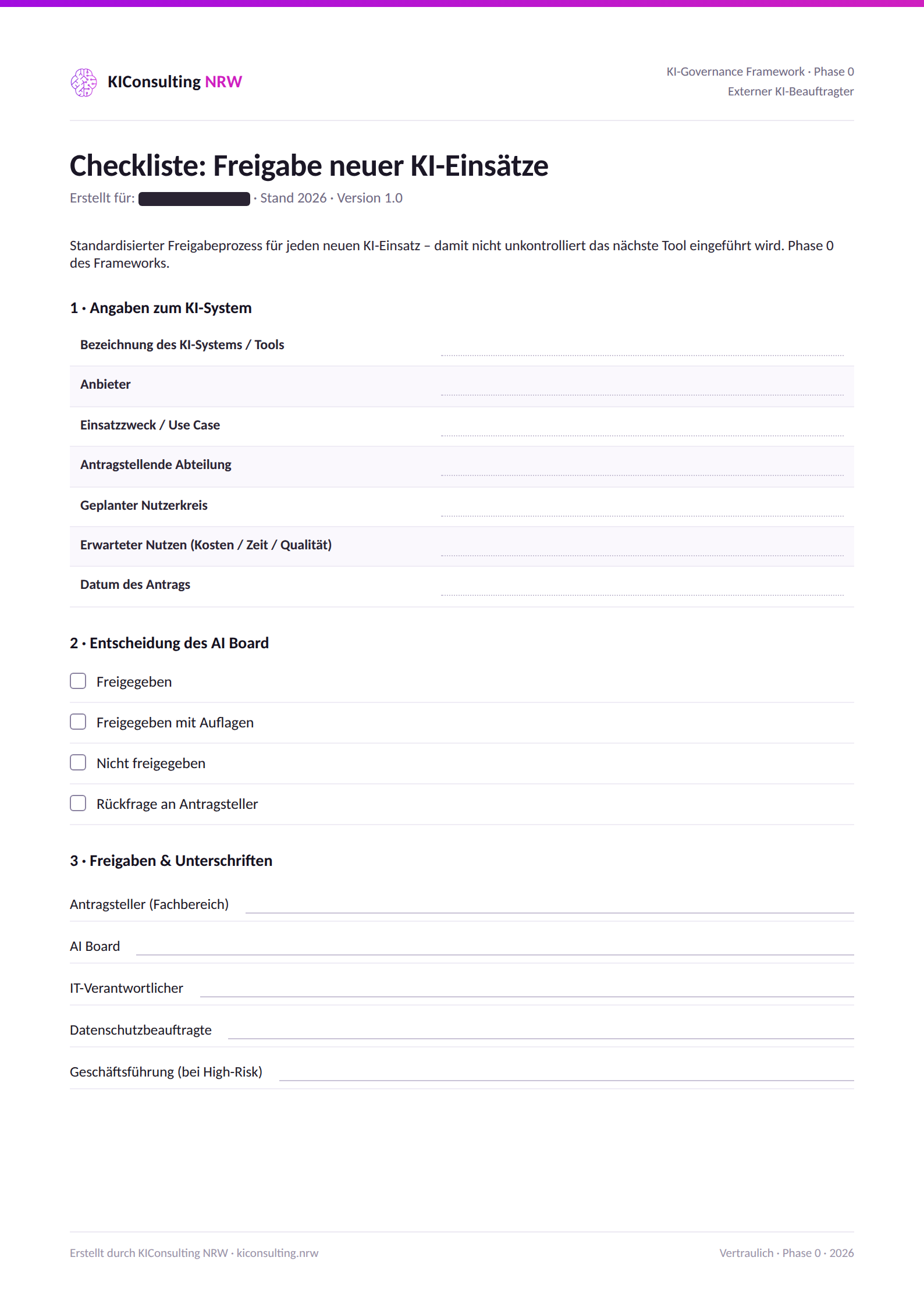 Anonymisierter Auszug: Freigabe-Checkliste fuer neue KI-Einsaetze