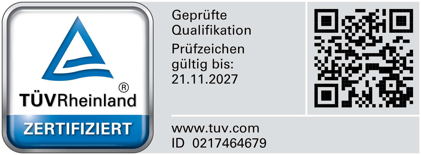 TÜV Rheinland – Geprüfte Qualifikation, ID 0217464679, gültig bis 21.11.2027