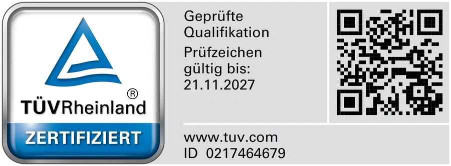 TÜV Rheinland, geprüfte Qualifikation, Prüfzeichen gültig bis 21.11.2027, ID 0217464679, mit QR-Code zur Prüfung